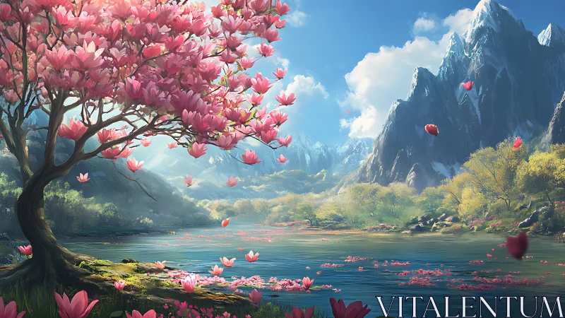 Magnolia bloom foreground frames alpine lake and snowcapped massif