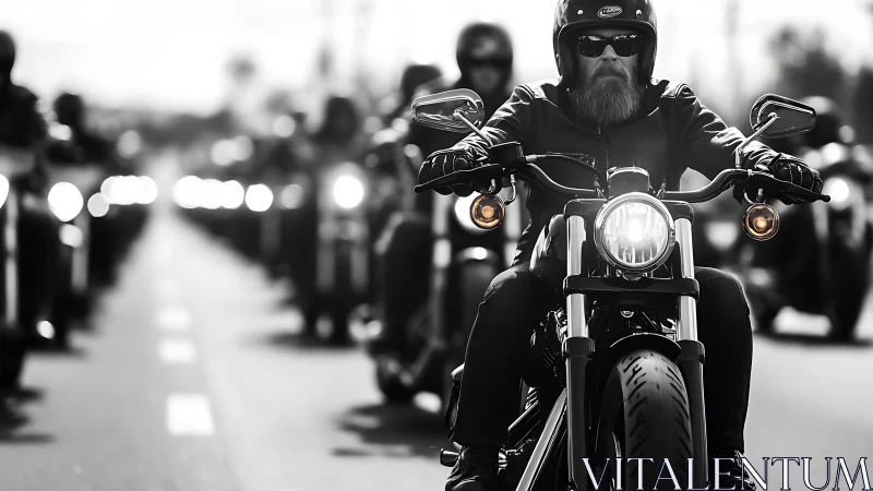 Bearded biker leading chrome-detailed motorcycle convoy.