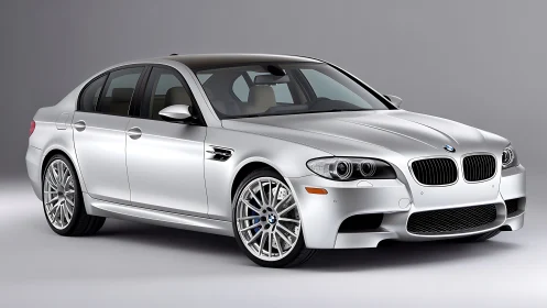 Silver performance sedan in controlled studio frontal perspective.
