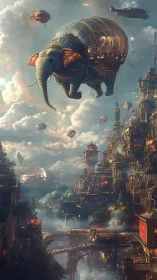 Hydrogen-dirigible elephant traverses dense vertical steampunk metropolis