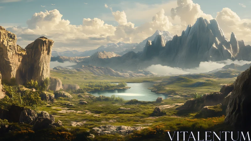 Sunlit valley lake cradled by towering dreamlike peaks.