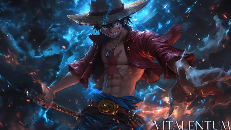 Straw hat pirate warrior in dynamic blue fire vortex stance