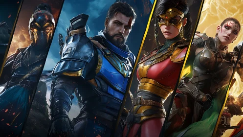 Armored fantasy heroes stand united in dynamic split panels.