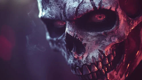Textured metallic skull in red rim light dominates close portrait