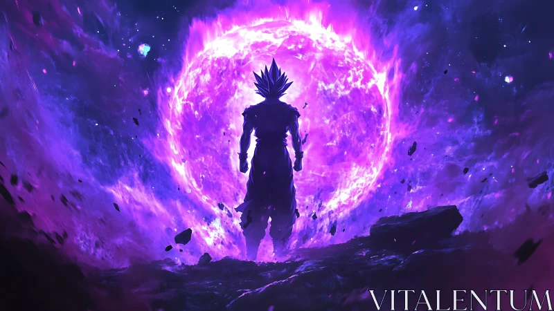 Cosmic warrior crowned in violet supernova fury stands firm.