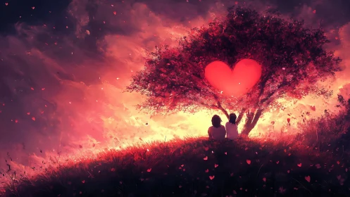 Luminescent Heart-Shaped Tree in Romantic Landscape Composition.