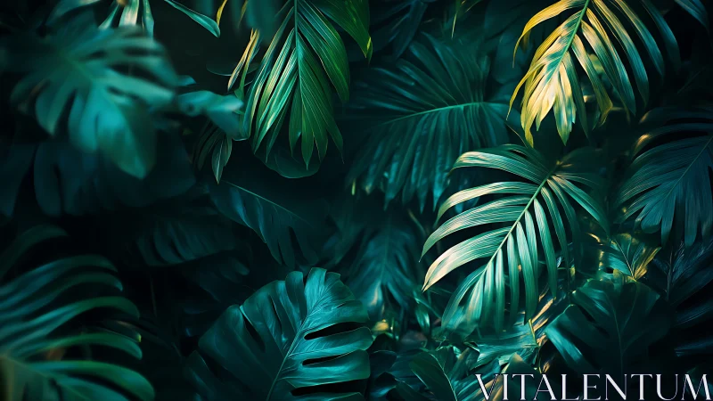Tropical jungle foliage with teal and golden light effects