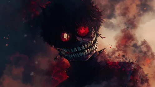 Red eyed skeletal figure in smoky, dark background scene.