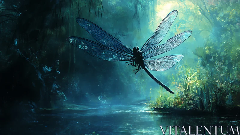 Luminous dragonfly silhouette above misted forest waterway.