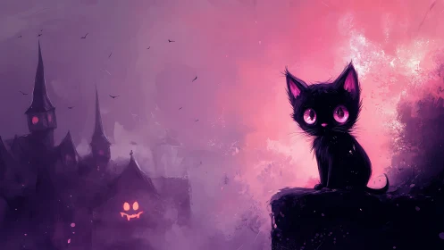 Neon backlit black kitten overlooks stylized haunted castle scene