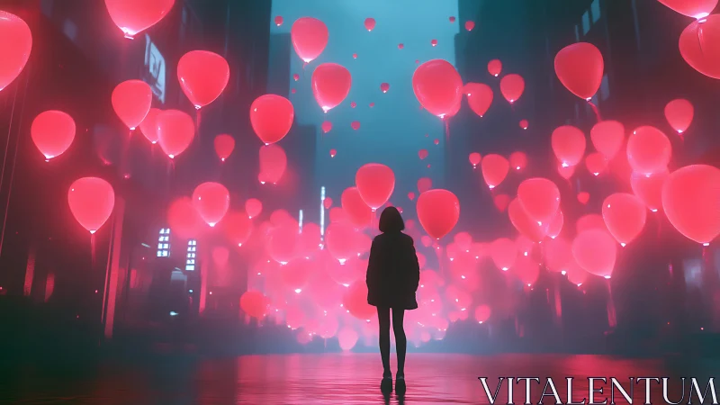 Silhouetted figure in neon fog with luminous red balloons.