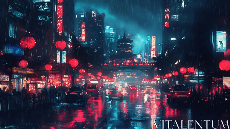 Cyberpunk night city street glows under neon red rain.