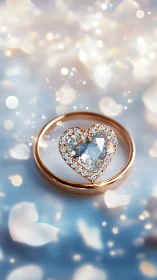 Rose gold heart-cut diamond ring in bokeh field of light.
