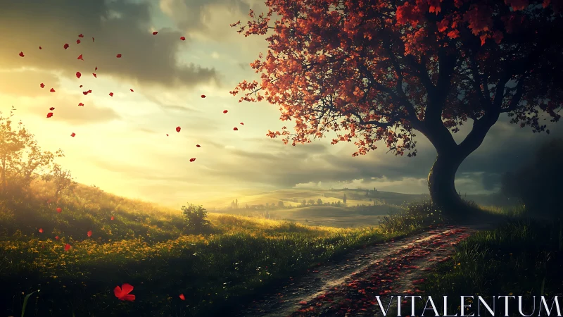 Red tree beside rural path under glowing sunset sky.