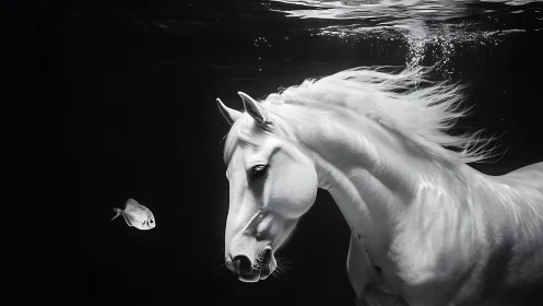 Underwater white horse with fish in monochrome composition.
