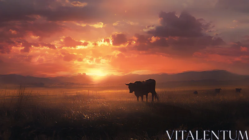Solitary duskside cow bathing in emberlit prairie sunset.