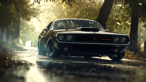 Low-angle render of classic muscle car on wet forest road.