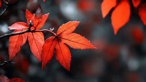 Red maple leaves are photographed against a muted background