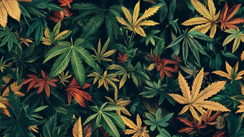 Multicolored cannabis foliage pattern on dark botanical field