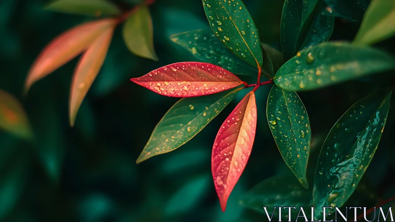 Macro study of red and green leaves with rainfall bokeh.