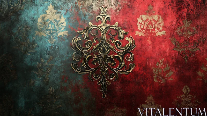 Baroque gold ornament on distressed teal and red wall.