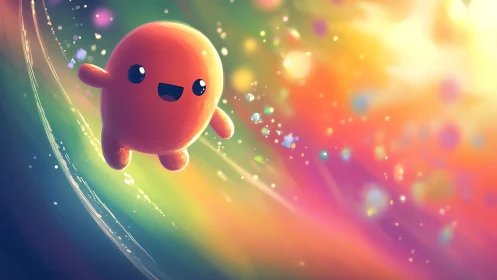 Joyful jellybean comet surfs a swirling candy rainbow sky