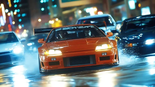 Orange tuner coupe in high-speed wet asphalt night pursuit.