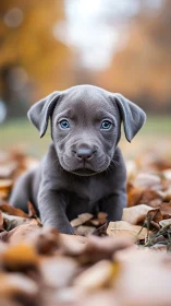 Bright-eyed puppy exploring cozy autumn leaves outdoors.