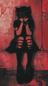 Gothic girl sits chained against wall in monochrome red
