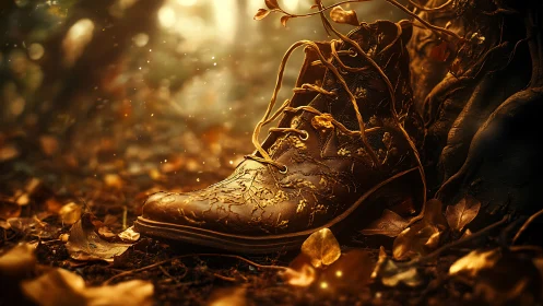 Digital painting of vine-wrapped boot in autumn forest light.