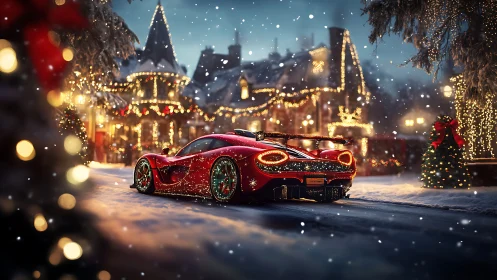 Red supercar glows under festive Christmas village lights.