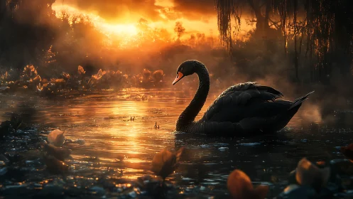 Black swan glides through molten sunset wetland waters.