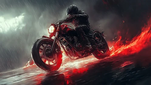 Motorcyclist on wet road with flaming red tire tracks.