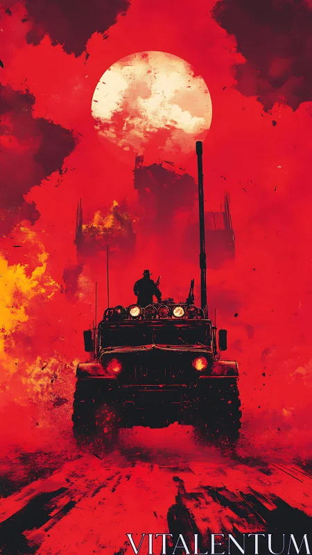 Armored truck advances under oversized sun in red sky