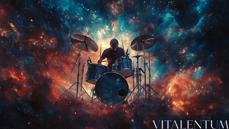 Cosmic drummer commands a glowing nebula stage of sound.