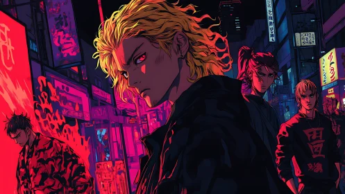 Blond gang leader stalks neon city street with tense crew