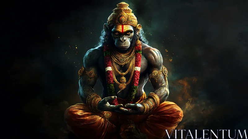 Divine monkey warrior meditates in ember-streaked shadow calm