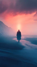 Solitary figure crossing neon-tinted shoreline at dusk.