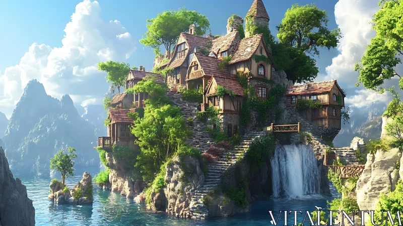 Fantastical Castle Perched on Cliff with Waterfall.