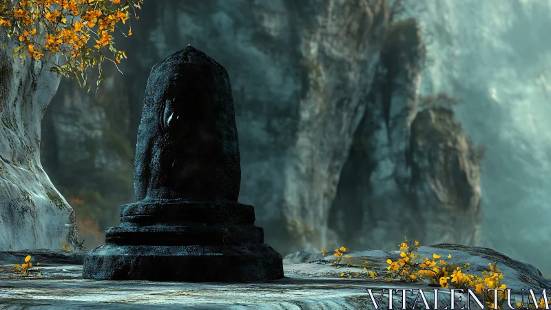 Stone monolith stands on weathered rock before cliff face