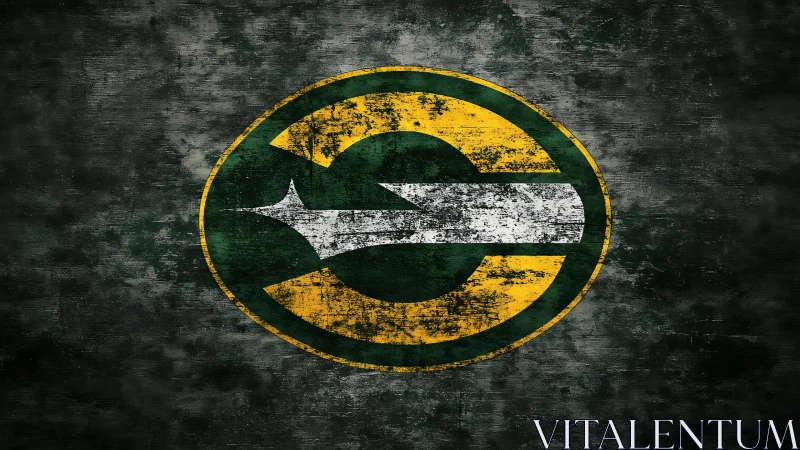 Grunge sports emblem forms weathered circle on dark wall