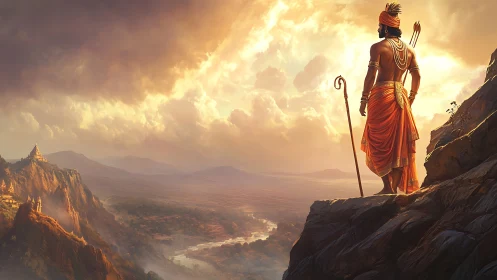 Divine warrior surveys sunlit valley from mountain ledge.