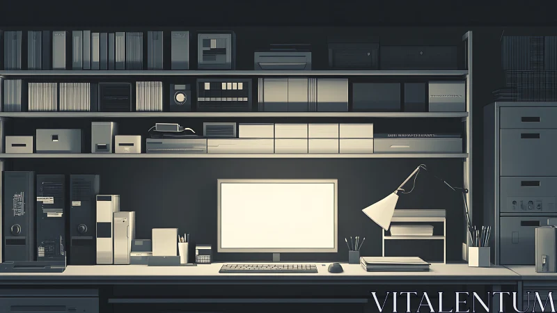 Minimalist monochrome workstation glows in the quiet dark