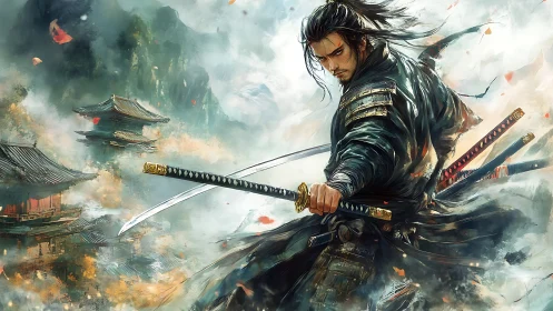 Storm-wreathed samurai carves silence through painted thunder