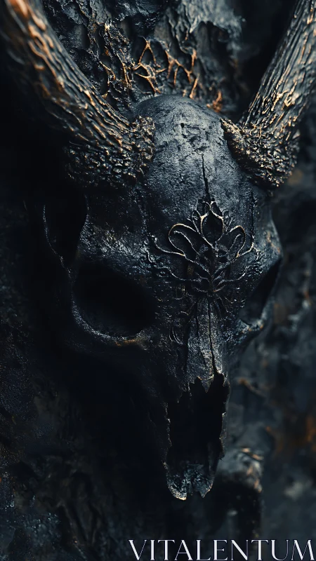 Engraved demonic skull emerges from charred, molten stone