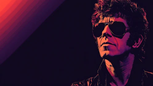 Neon shadows crown a sunglassed icon in electric stillness