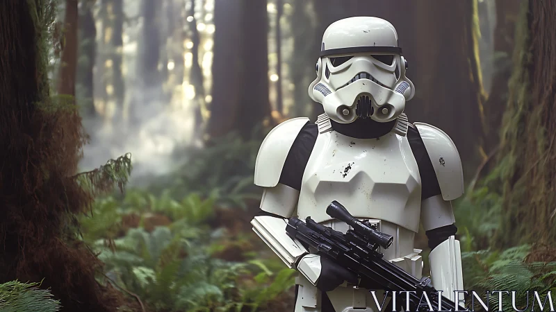 Stormtrooper stands guard in misty forest.