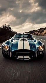 Muscular blue sports car surges forward under dramatic skies