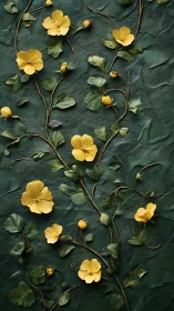 Sunlit yellow blossoms climbing a textured emerald wall.