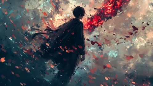 Solitary figure studies turbulent abstract sky with crimson rift